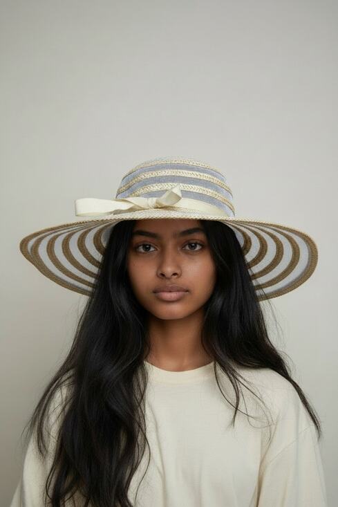 Vintage Bambergers Stripe Floppy Hat Tan Cream Ribbon Beach Cottagecore main image 6